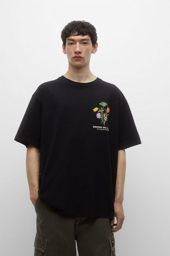 Sooner Or Later Yazılı Lale Tasarım Baskılı Oversize Siyah Erkek T-shirt