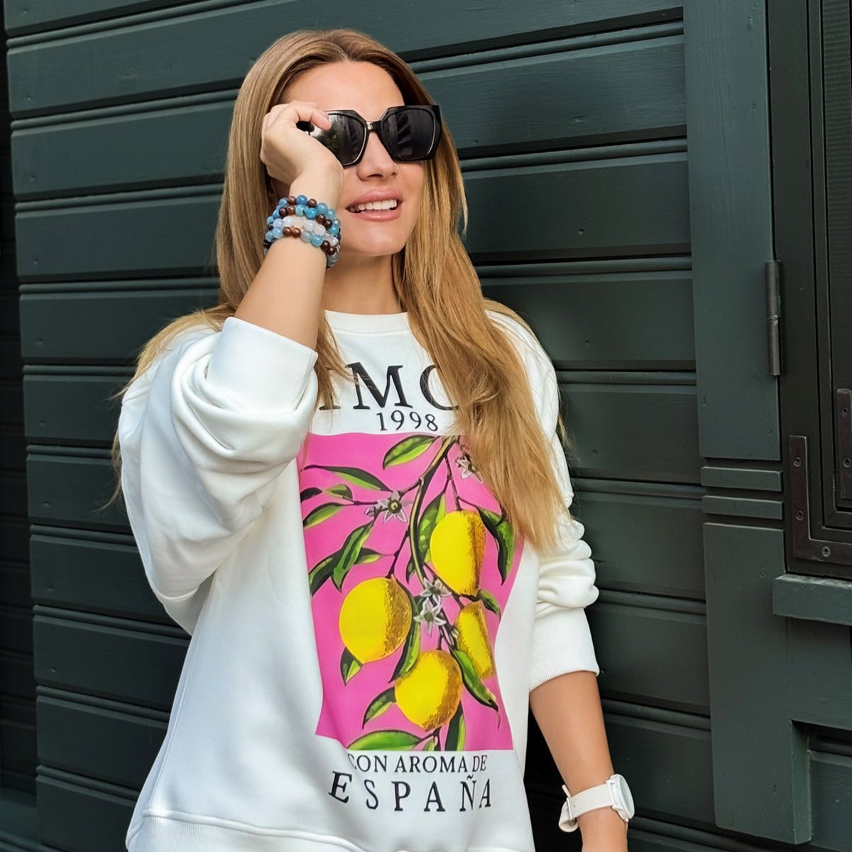 Oversize Kadın Sweatshirt Espana Limon Baskılı Beyaz – Bisiklet Yaka, 3 İplik Polar, Rahat Kalıp