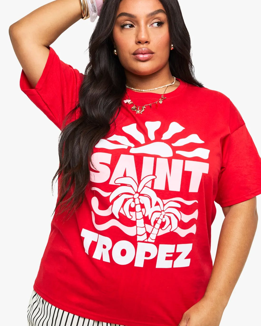 Büyük Beden Kadın Tişört %100 Pamuk Kırmızı Oversize SAINT TROPEZ Yaz Baskılı Yazlık Model