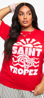 Büyük Beden Kadın Tişört %100 Pamuk Kırmızı Oversize SAINT TROPEZ Yaz Baskılı Yazlık Model
