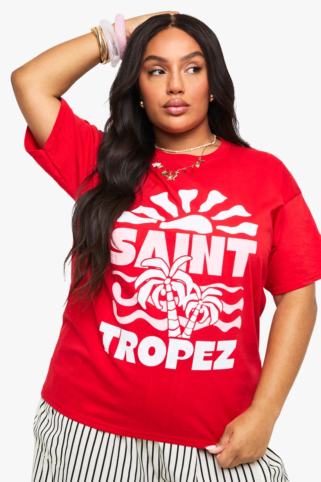 Büyük Beden Kadın Tişört %100 Pamuk Kırmızı Oversize SAINT TROPEZ Yaz Baskılı Yazlık Model