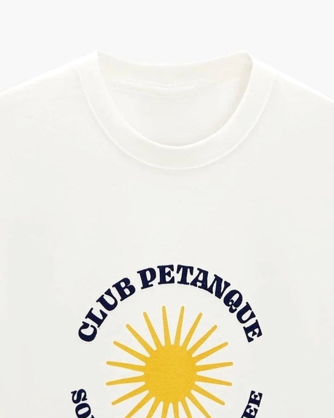 Bisiklet Yaka Club Petanque Baskılı Beyaz Oversize Erkek T-shirt