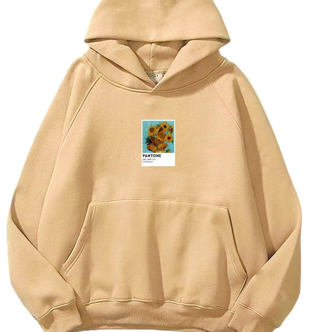 Kapüşonlu İçi Polar Sunflowers Baskılı Bej Unisex Oversize Hoodie Sweatshirt