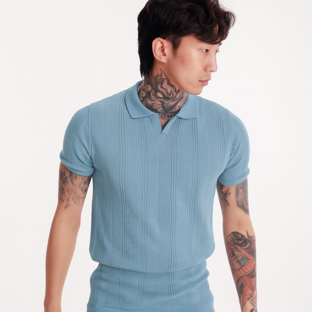 Erkek Mavi Polo Yaka Triko Tişört – Kısa Kollu, Modern Slim Fit, Yazlık Örgü Dokulu Model