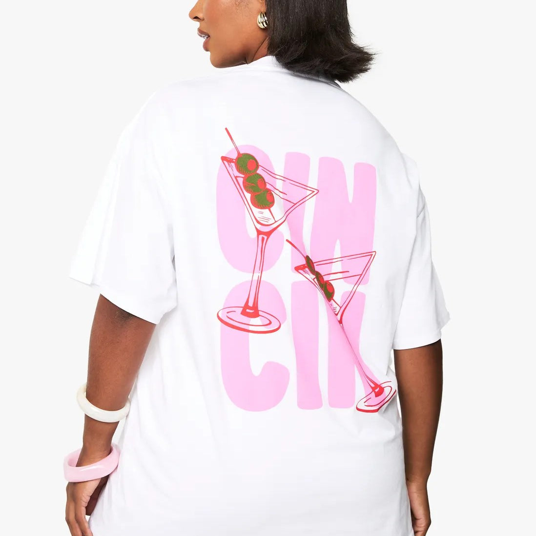 Büyük Beden Kadın Tişört %100 Pamuk Beyaz Oversize Yazlık CIN CIN Kokteyl Bardak Baskılı
