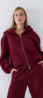 Kadın Oversize Zip Hoodie Bordo – Fermuarlı, Kapüşonlu, Kangru Cep,  3 İplik Şardonlu Polar