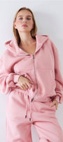 Kadın Oversize Zip Hoodie Pembe – Fermuarlı, Kapüşonlu, Kangru Cep,  3 İplik Şardonlu Polar