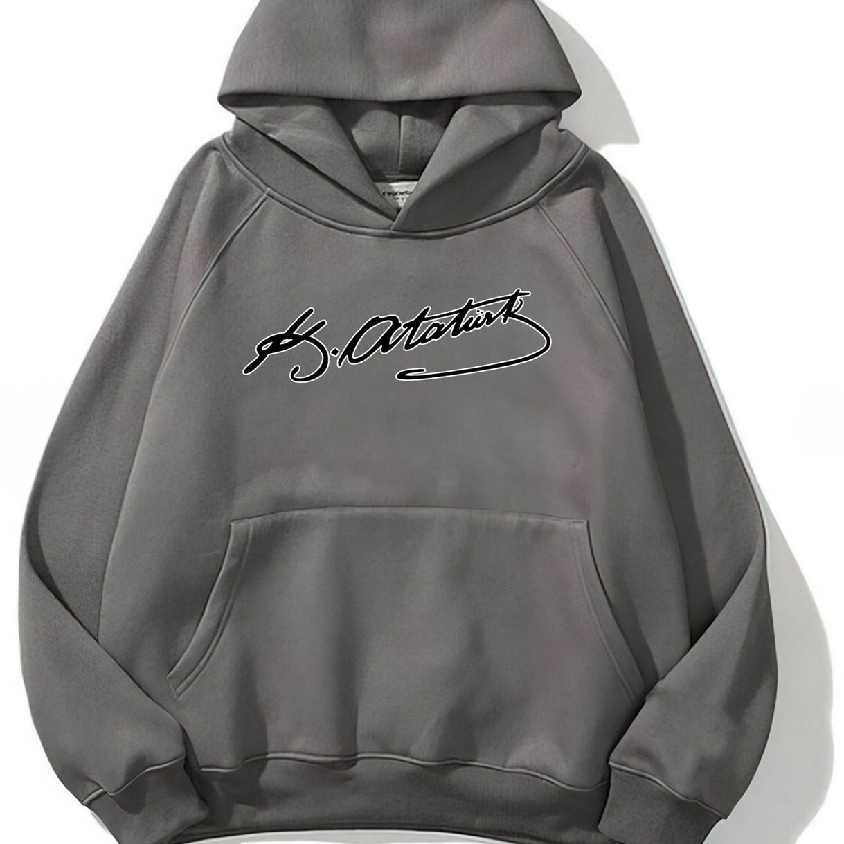 Kapüşonlu İçi Polar Kemal Atatürk İmzalı Baskılı Füme Unisex Hoodie Sweatshirt
