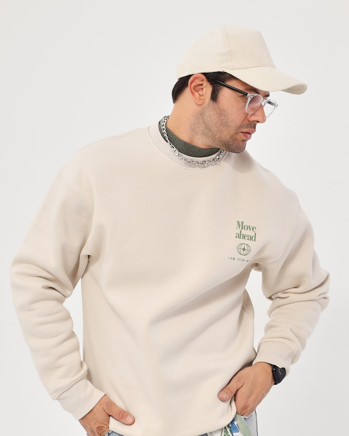 Bisiklet Yaka İçi Polar Move Ahead Yazı Baskılı Bej Oversize Sweatshirt