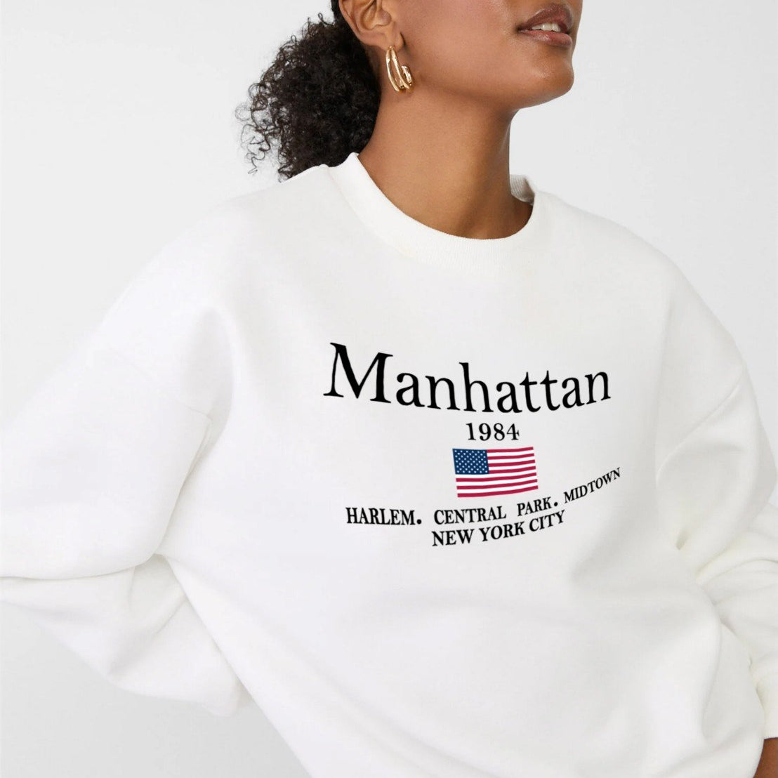 Bisiklet Yaka İçi Polar Manhattan 1984 Yazı Baskılı Beyaz Oversize Sweatshirt