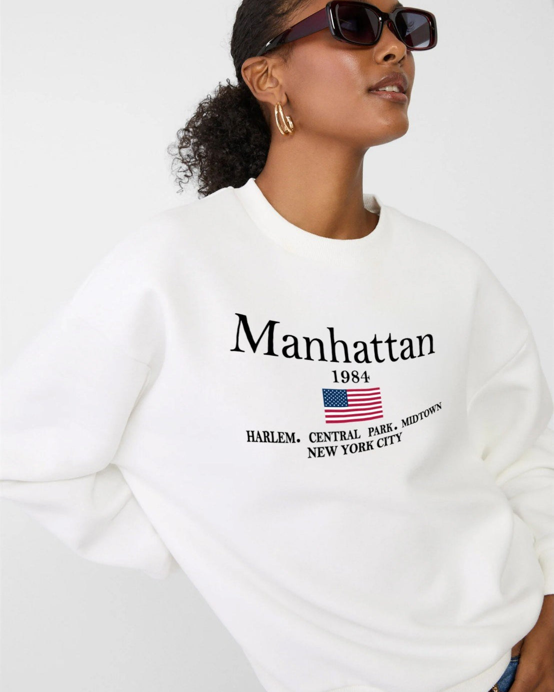 Bisiklet Yaka İçi Polar Manhattan 1984 Yazı Baskılı Beyaz Oversize Sweatshirt