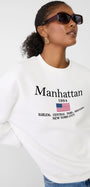 Bisiklet Yaka İçi Polar Manhattan 1984 Yazı Baskılı Beyaz Oversize Sweatshirt