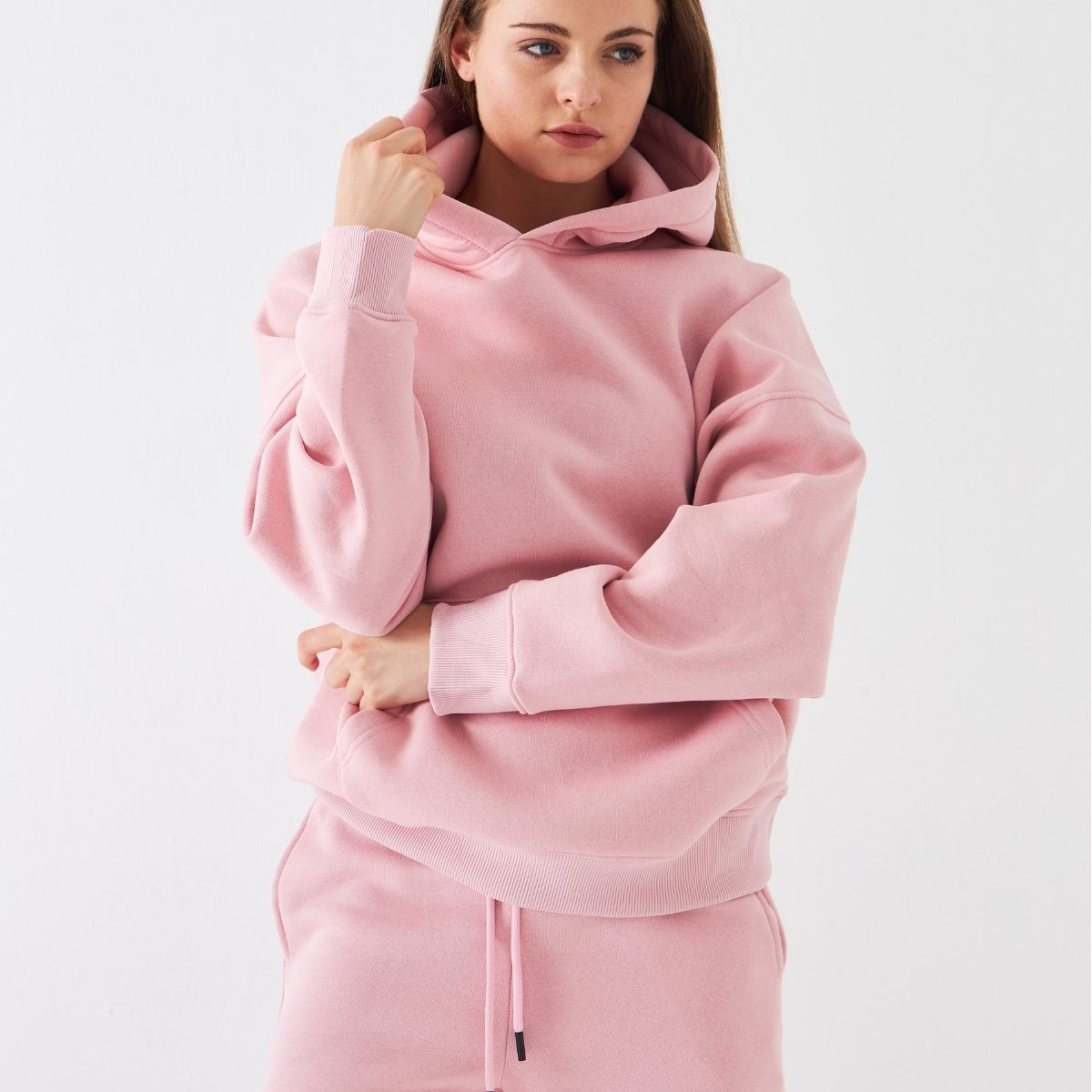 Oversize Unisex Sweatshirt Hoodie Pembe – Kapüşonlu, 3 İplik Şardonlu Polar, Kanguru Cepli, Basic