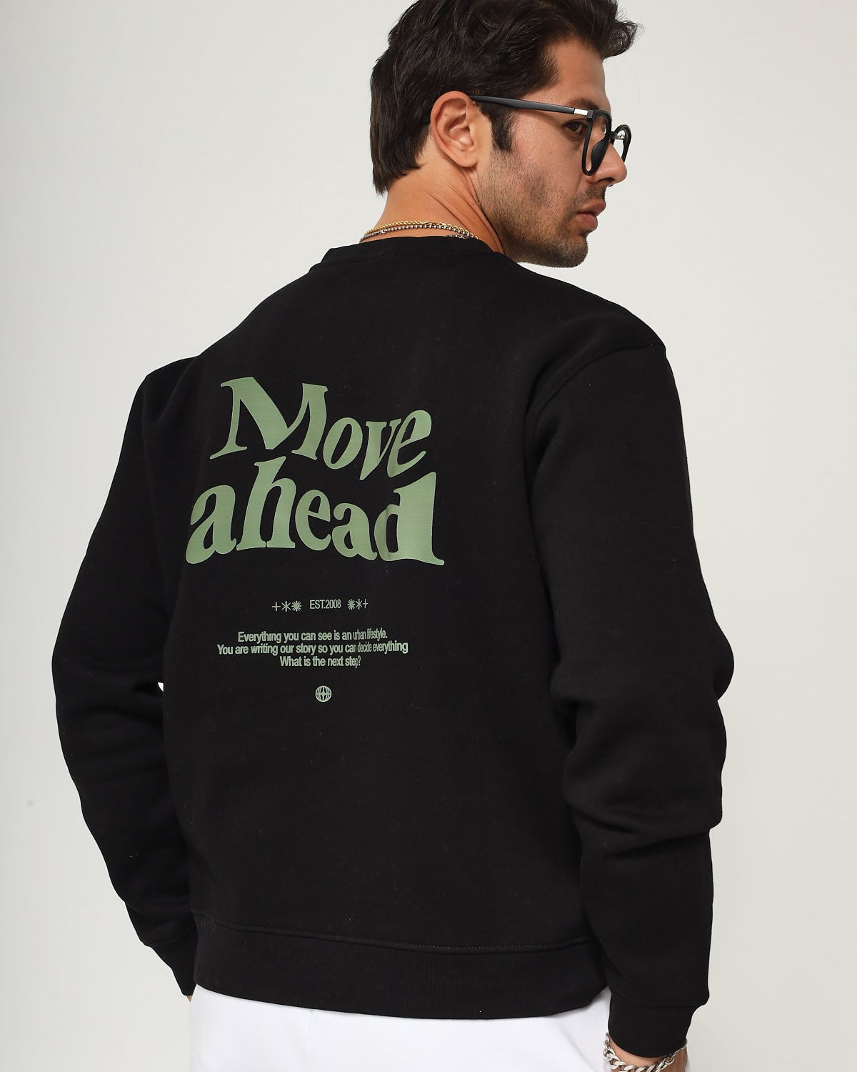 Bisiklet Yaka İçi Polar Move Ahead Yazı Baskılı Siyah Oversize Sweatshirt