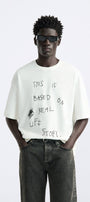 Bisiklet Yaka This İs Based On Real Life Story Baskılı Oversize Beyaz Erkek T-shirt