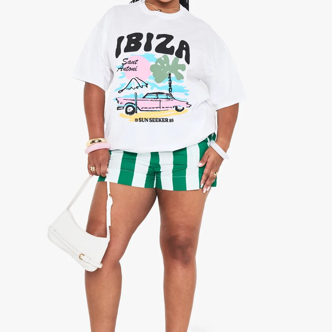 Büyük Beden Kadın Tişört %100 Pamuk Ibiza Baskılı Oversize Beyaz Yazlık