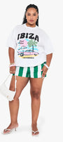 Büyük Beden Kadın Tişört %100 Pamuk Ibiza Baskılı Oversize Beyaz Yazlık
