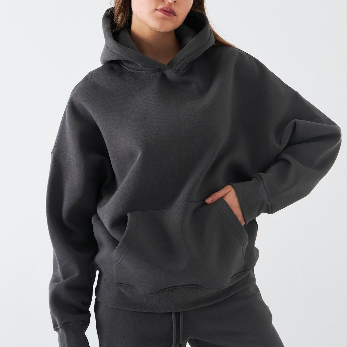 Oversize Unisex Sweatshirt Hoodie Füme – Kapüşonlu, 3 İplik Şardonlu Polar, Kanguru Cepli, Basic
