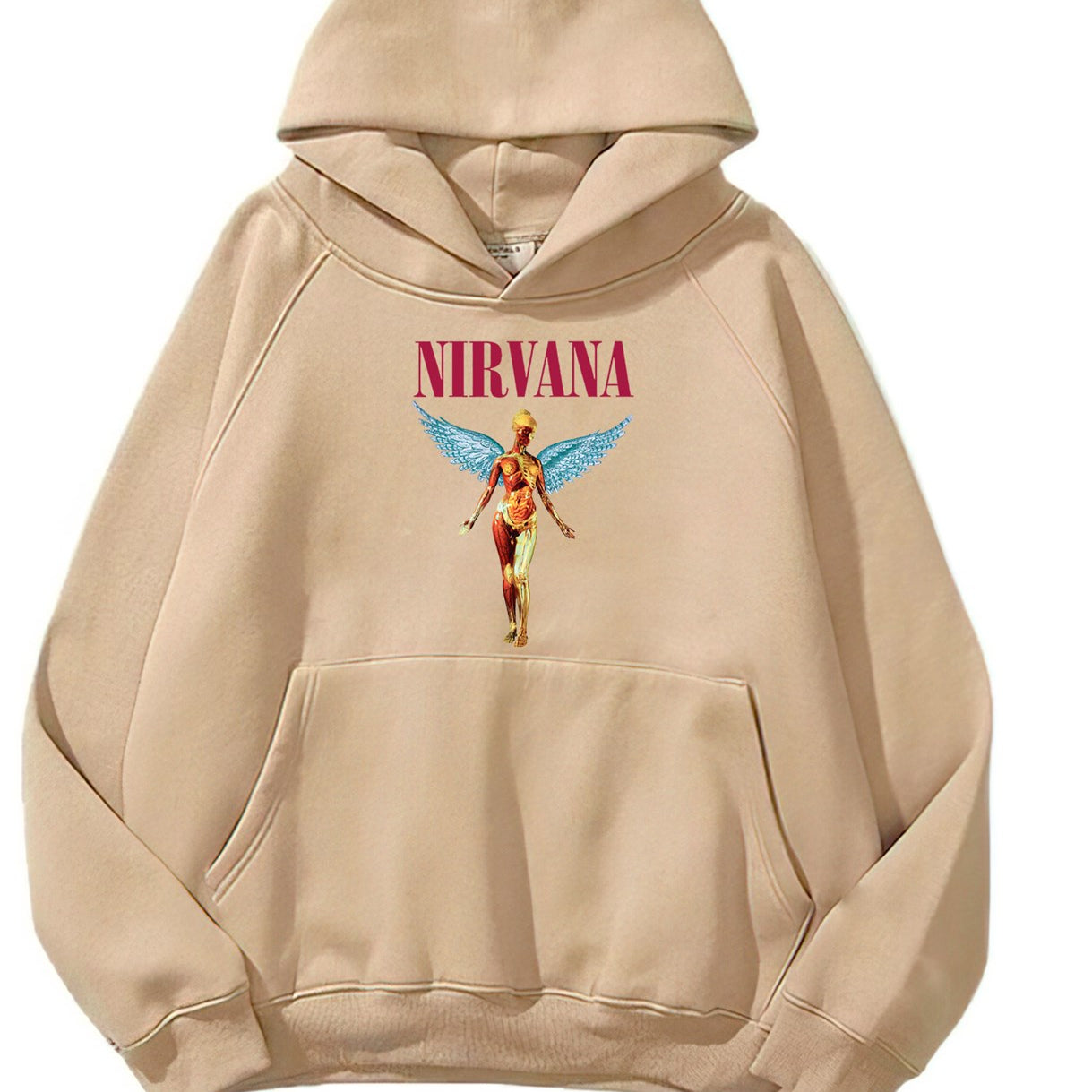 Kapüşonlu İçi Polar Nirvana Angel Baskılı Bej Unisex Hoodie Sweatshirt