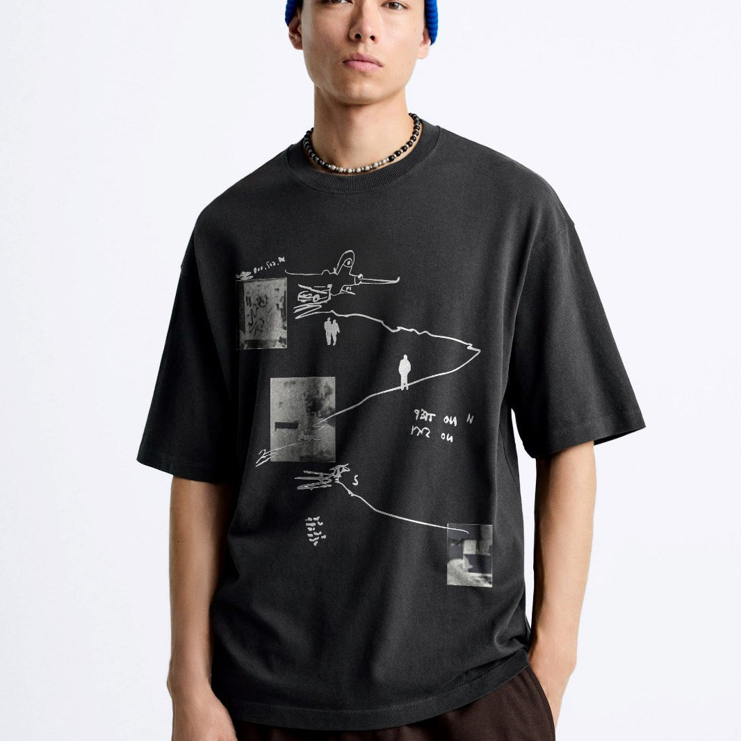 Art Work Baskılı Oversize Siyah Erkek T-shirt