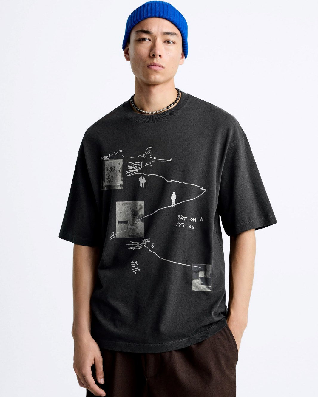 Art Work Baskılı Oversize Siyah Erkek T-shirt