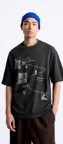 Art Work Baskılı Oversize Siyah Erkek T-shirt