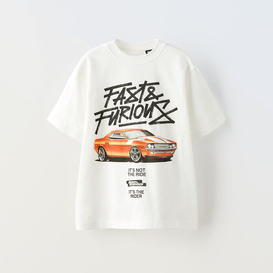 Fast Furıous Yazılı Araba Baskılı Beyaz Çocuk T-Shirt