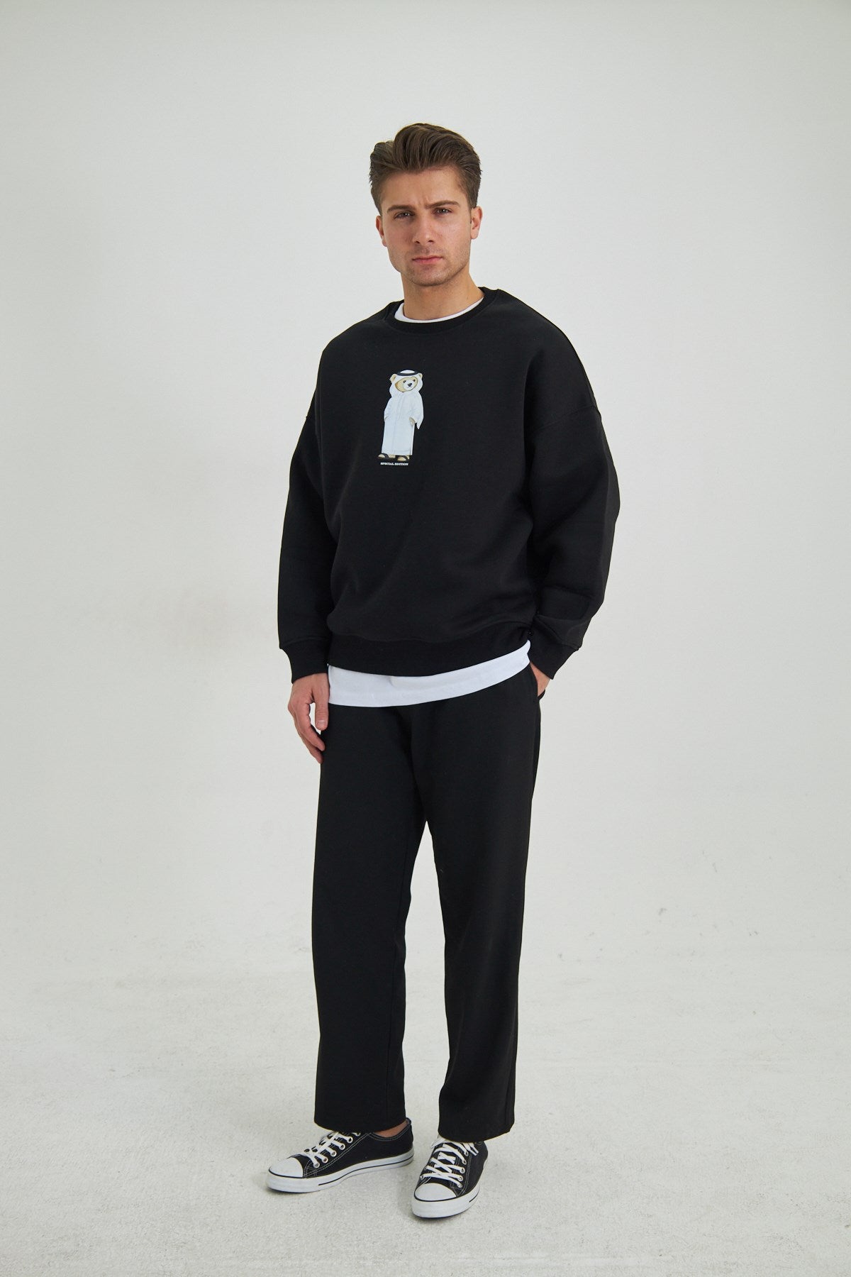 Erkek Special Edition Ayıcık Baskılı Siyah Tişört