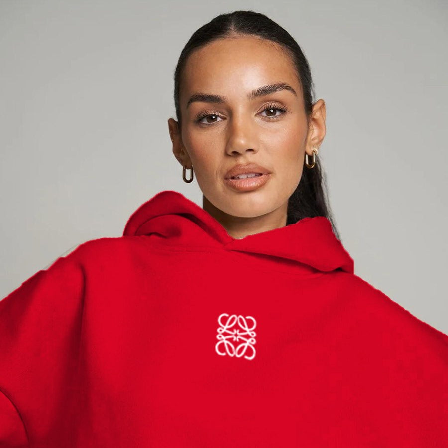 Kırmızı Unisex Loewe Yüksek Baskılı Kapüşonlu Kanguru Cepli Oversize Hoodie