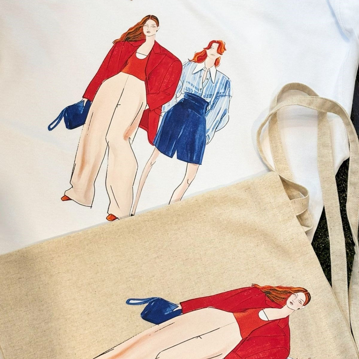 Kadın Oversize İllüstrasyon Baskılı Tişört + Bez Çanta Hediyeli Kombin – %100 Pamuk