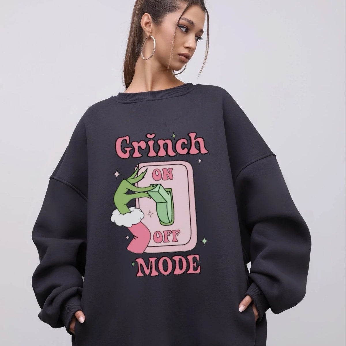 Kadın Oversize Sweatshirt Elbise Grinch Mode Baskılı Füme – Bisiklet Yaka, 3 İplik Şardonlu Polar