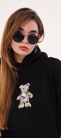 Kapüşonlu İçi Polar Çiçekli Teddy Bear Baskılı Siyah Unisex Hoodie Sweatshirt