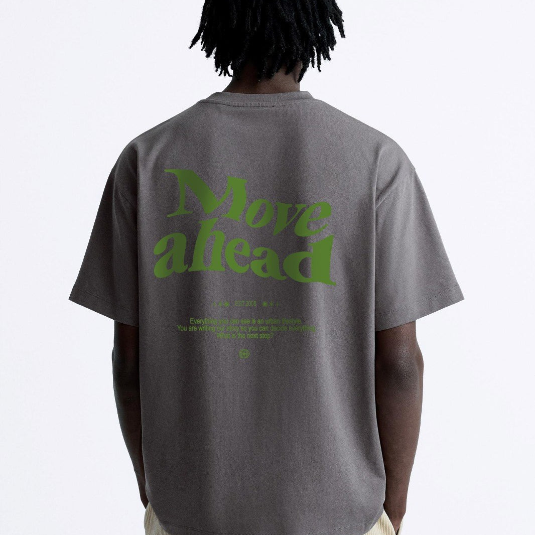 Bisiklet Yaka Move Ahead Yazılı Kordinat Baskılı Oversize Füme Erkek T-shirt