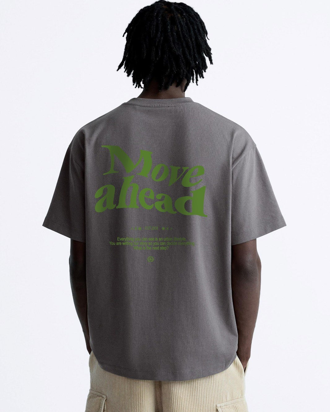 Bisiklet Yaka Move Ahead Yazılı Kordinat Baskılı Oversize Füme Erkek T-shirt