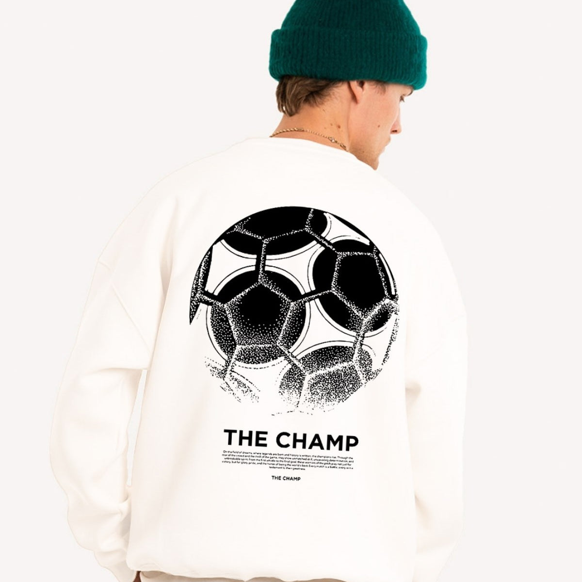 Erkek Beyaz Bisiklet Yaka Sweatshirt The Champ Baskılı 3 İplik Şardonlu