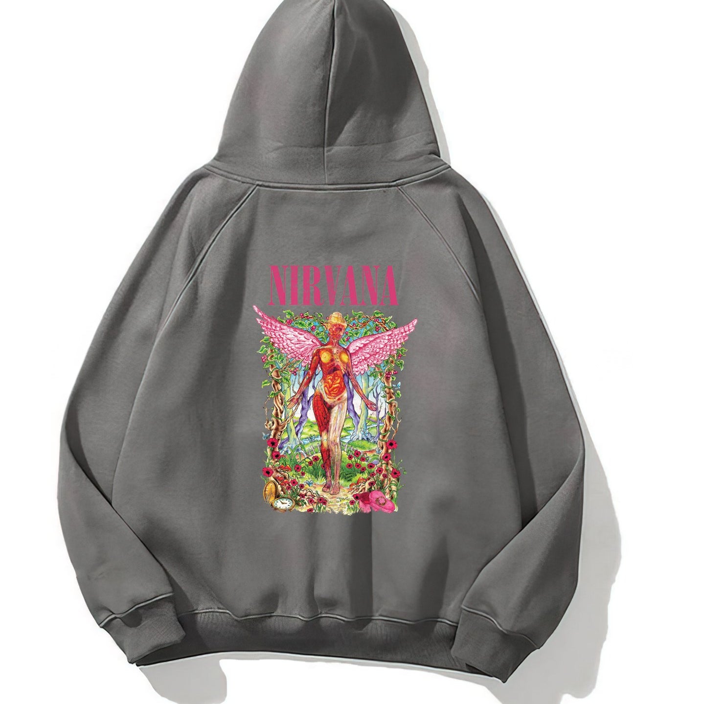Kapüşonlu İçi Polar Pembe Nirvana Baskılı Füme Unisex Hoodie Sweatshirt
