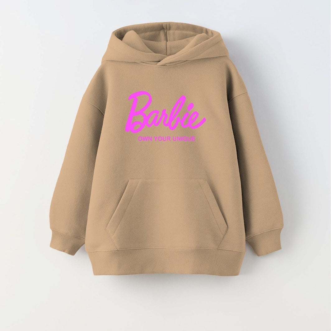 Kapüşonlu İçi Polar Barbie Own Your Unique Yazı Baskılı Bej Unisex Çocuk Hoodie Sweatshirt