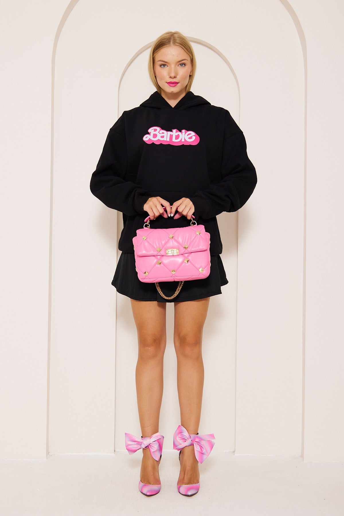 Kapüşonlu İçi Polar Barbie Baskılı Siyah Unisex Hoodie Sweatshirt