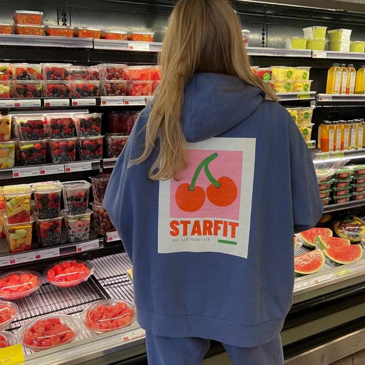 Oversize Kadın Eşofman Takımı Kiraz STARFIT Baskılı Marine – 3 İplik Polar, Kapüşonlu, Lastikli Paça