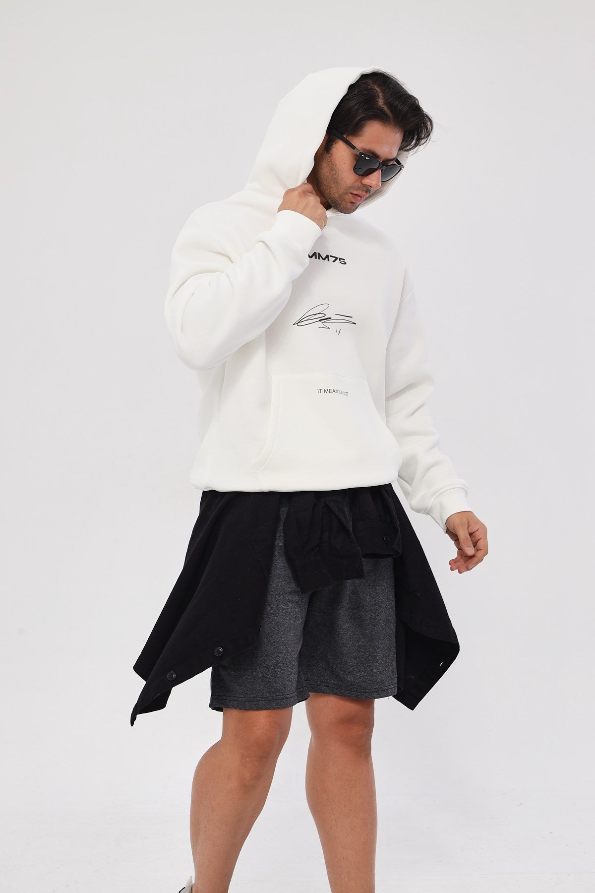 Kapüşonlu İçi Polar MM75 Baskılı Beyaz Oversize Hoodie Sweatshirt