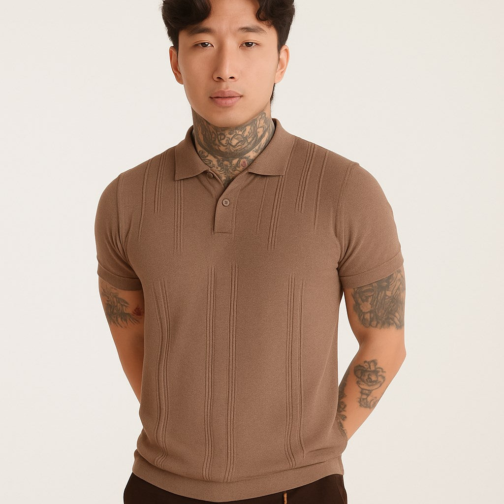 Erkek Kahve Polo Yaka Triko Tişört – Kısa Kollu, Yazlık Modern Slim Fit Örgü Model