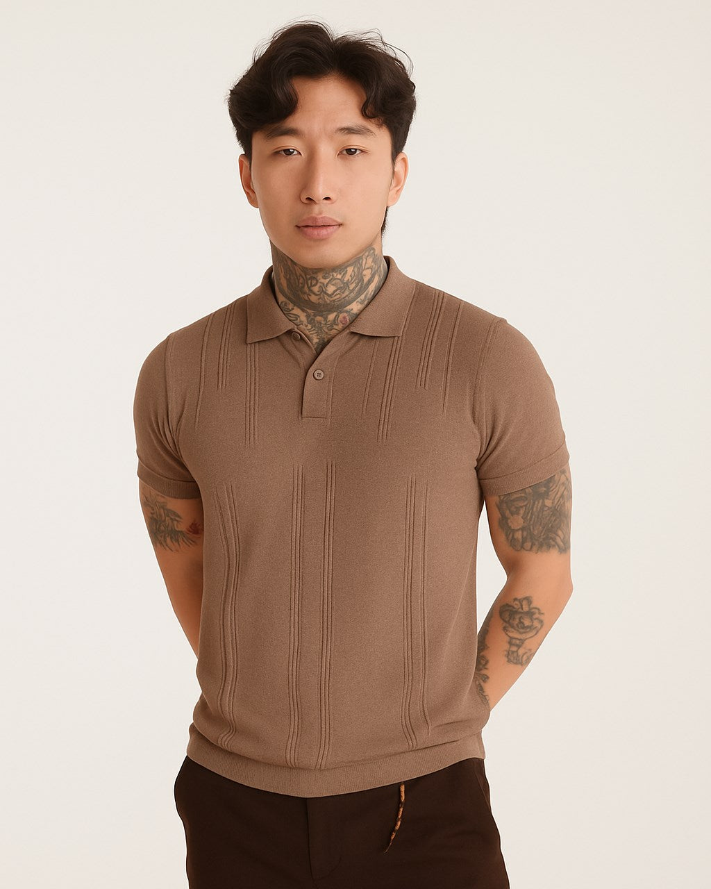 Erkek Kahve Polo Yaka Triko Tişört – Kısa Kollu, Yazlık Modern Slim Fit Örgü Model