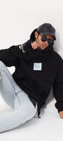 Kapüşonlu İçi Polar Syzygy Yazı Baskılı Siyah Oversize Hoodie Sweatshirt