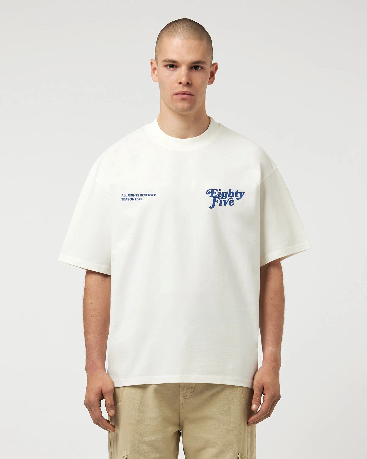 Bisiklet Yaka Eighty Five Yazılı Oversize Beyaz  Erkek T-shirt