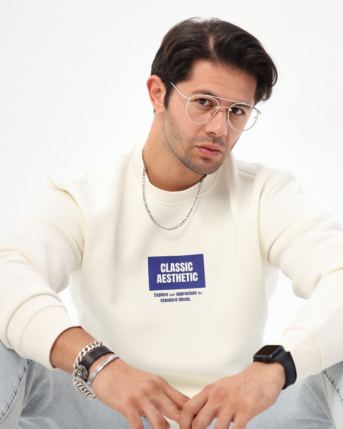 Bisiklet Yaka İçi Polar Classic Atlethic Yazı Baskılı Beyaz Oversize Sweatshirt