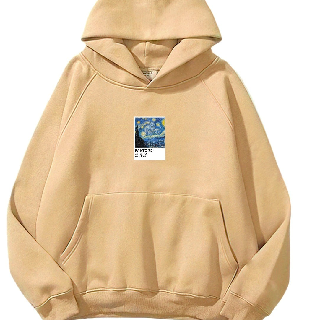 Kapüşonlu İçi Polar Starry Night Baskılı Bej Unisex Oversize Hoodie Sweatshirt