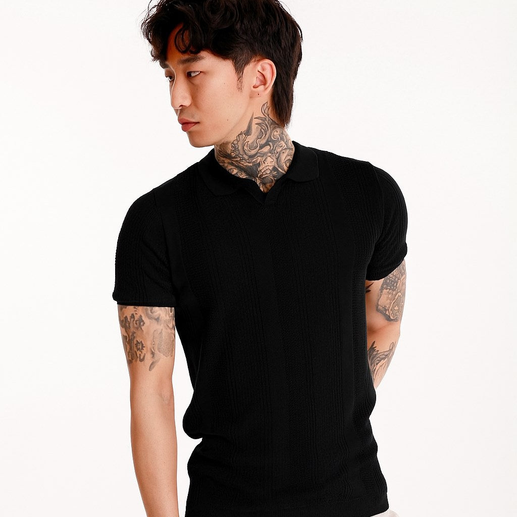 Erkek Siyah Polo Yaka Triko Tişört – Kısa Kollu, Modern Slim Fit, Yazlık Örgü Dokulu Model