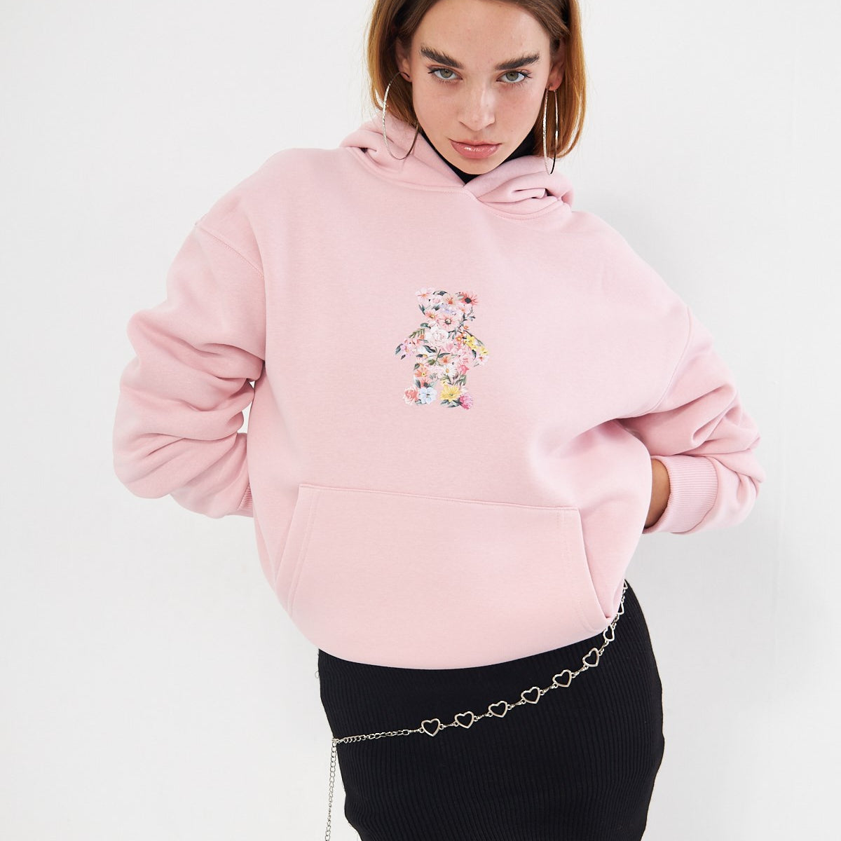 Kapüşonlu İçi Polar Çiçekli Teddy Bear Baskılı Pembe Unisex Hoodie Sweatshirt