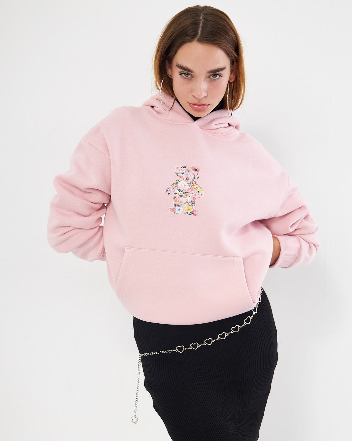 Kapüşonlu İçi Polar Çiçekli Teddy Bear Baskılı Pembe Unisex Hoodie Sweatshirt