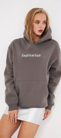 Kapüşonlu İçi Polar Sagittarius Yazılı Taş Baskılı Füme Oversize Hoodie Sweatshirt